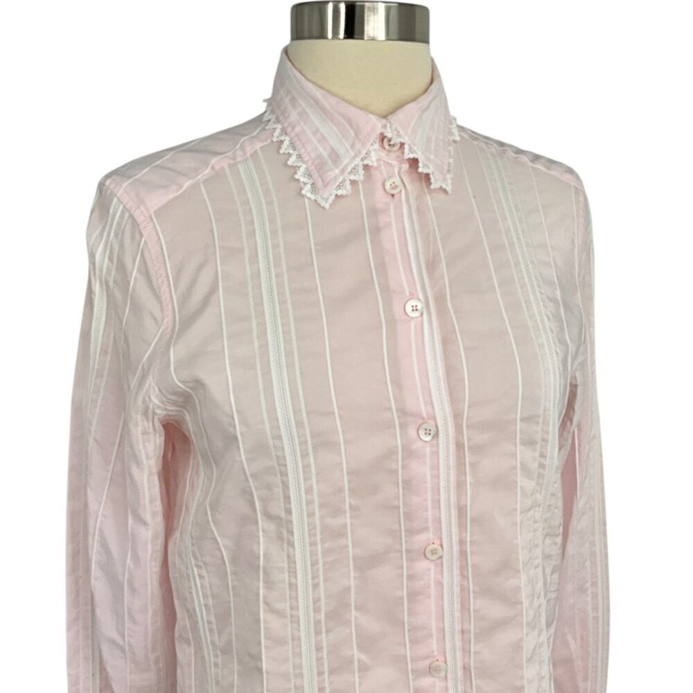 Bella Freud Button Down Shirt Pink Striped Scalloped Collar Cuffs Size 8 Preppy - Picture 10 of 12